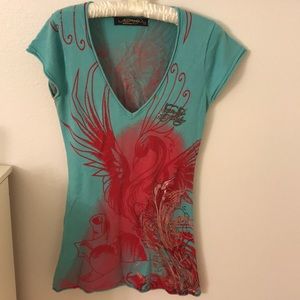 Ed Hardy long fitted tee with deep V-neck